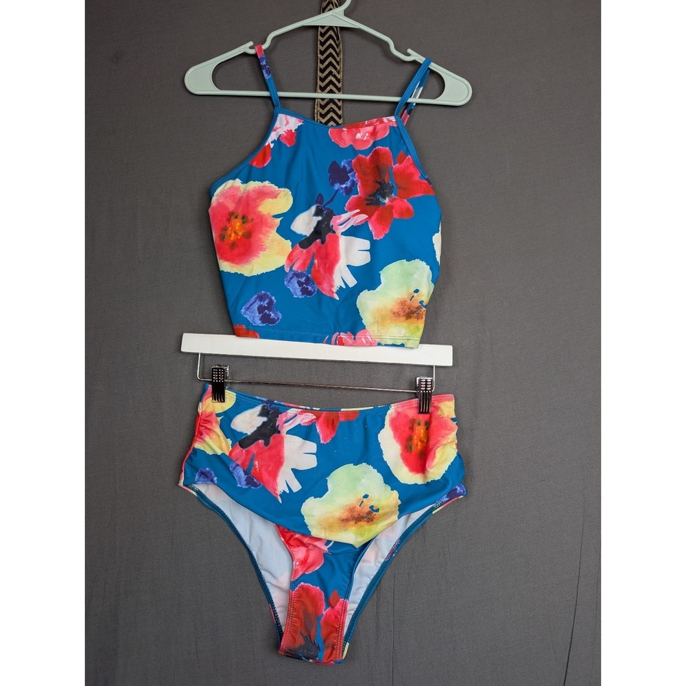 Floral High-Neck One-Piece Swimsuit in Blue